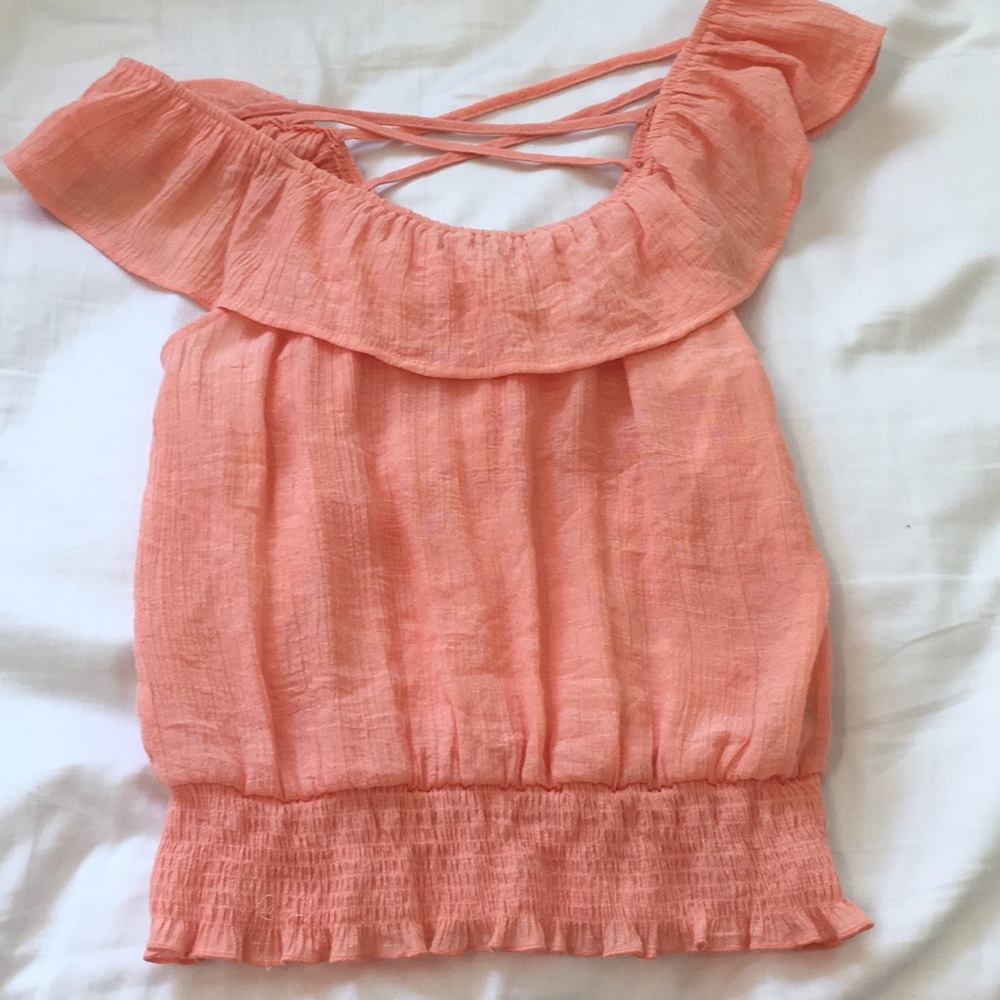 Coral colored off the shoulder top